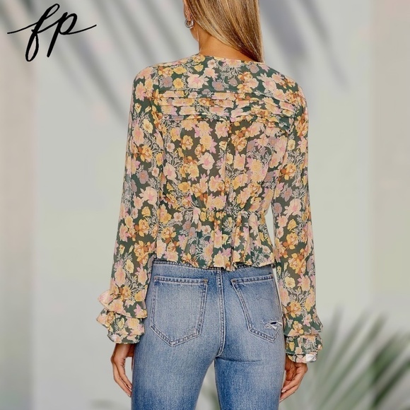 FREE PEOPLE Maybel Tie-Front Ruffled Blouse (Green/Pink) - Picture 5 of 14